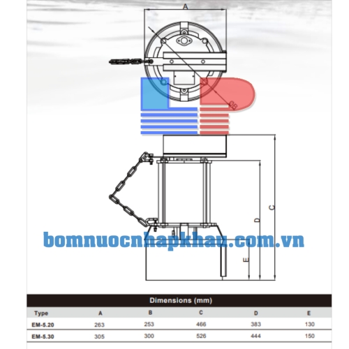 Sơ đồ kỹ thuật của máy khuấy chìm Evak EM-5.30